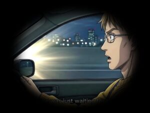 アニメ「最後の走り」EKシビック側ドライバー──HRSランエボの動きに驚く表情